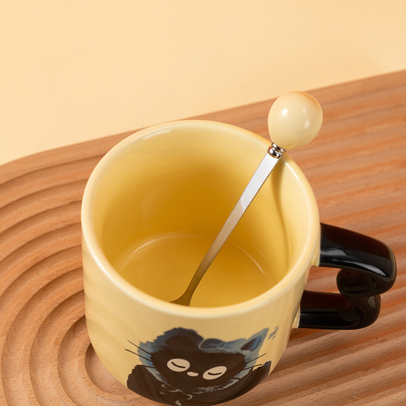 Whimsical Black Cat Ceramic Mug Gift Set β Cute Pastel Yellow Cup with Wavy Handle, Lid & Silver Spoon (Premium Yellow Gift Box)