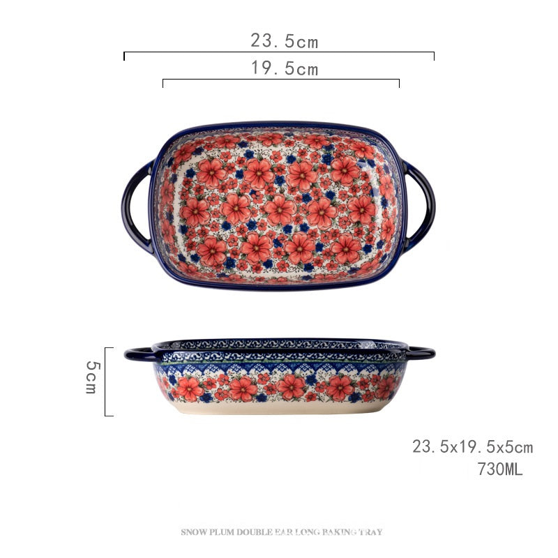 Hand-Painted Polish Folk-Art Ceramic Baking Dish β Rectangular Double-Handled Stoneware Casserole Pan (730ml)