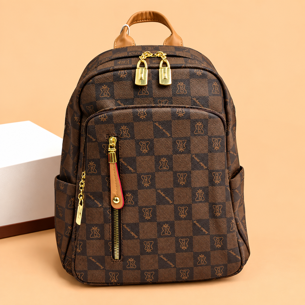 Premium Brown Checkered Leather Women's Backpack