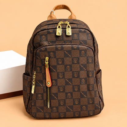 Premium Brown Checkered Leather Women's Backpack