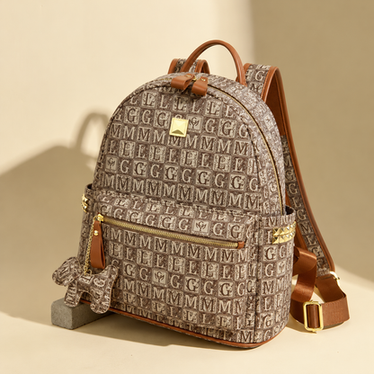 Luxury Vintage Monogram Print Leather Backpack (Khaki)