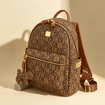 Luxury Vintage Monogram Print Leather Backpack (Brown)