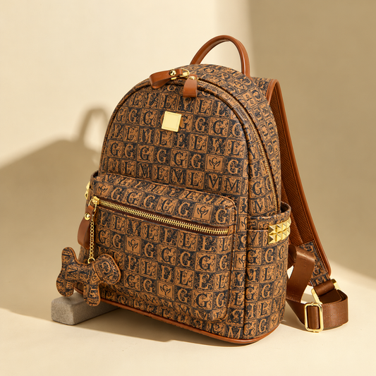 Luxury Vintage Monogram Print Leather Backpack (Brown)