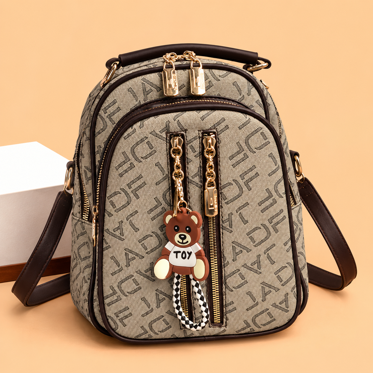 Stylish Monogram Print Dual-Zipper Mini Backpack