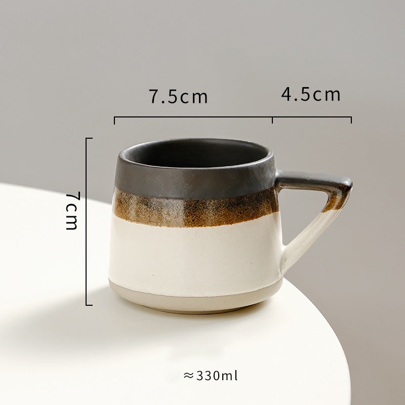 Retro Color-Blocked Ceramic Coffee Mug — Rustic Tri-Tone Stoneware Cup with Angled Handle (Short, 330ml)