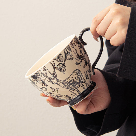 Vintage Toile de Jouy Ceramic Teacup — Elegant Forest Deer & Floral Sketch Mug with Ornamental Handle (Black & Cream Edition)