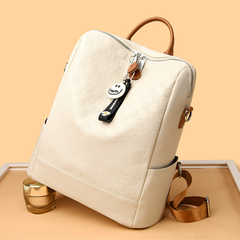 Checkerboard Patterned Leather Women's Backpack (White)