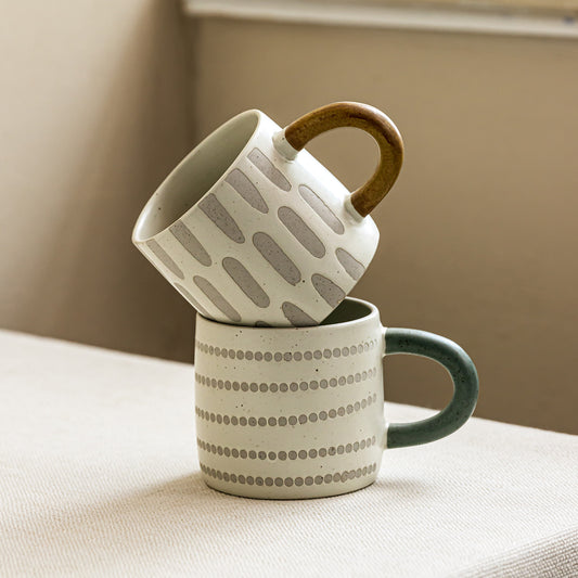 Handcrafted Rustic Ceramic Mug — Matte White with Grey Vertical Dashes & Ochre Brown Handle (400ml)