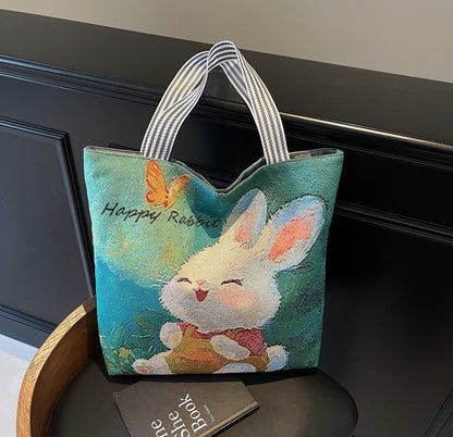 Green Happy Rabbit Textured Embroidery Tote Bag
