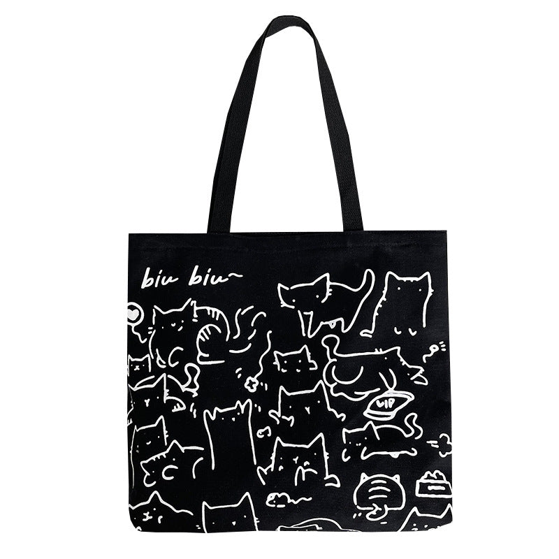 Black Canvas Cat Illustration Tote Bag