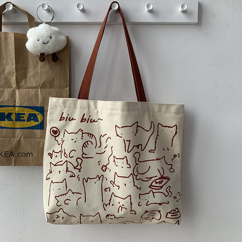 Beige Canvas Cat Illustration Tote Bag