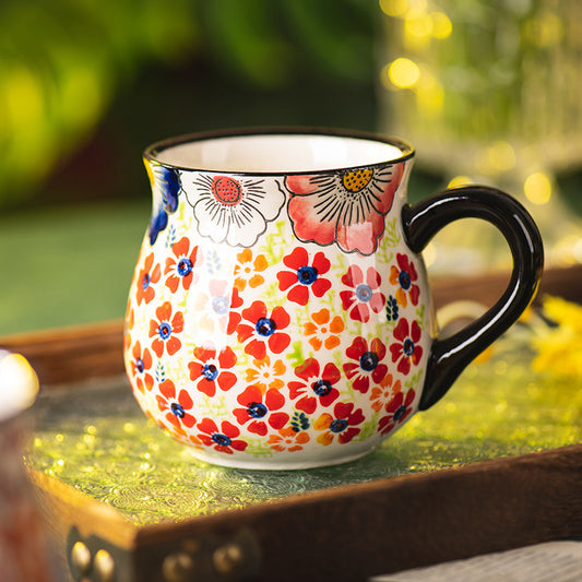 Hand-Painted Polish Folk-Art Ceramic Mug — Vibrant Crimson Red Floral Belly Cup with Textured Blossom Pattern (450ml)