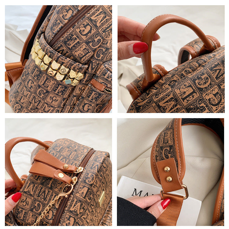Luxury Vintage Monogram Print Leather Backpack (Brown)