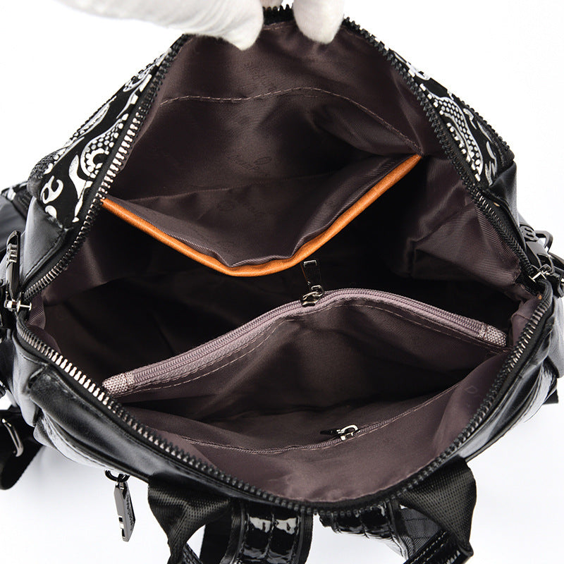 Fashionable Black Leather V Letter Women's Backpack