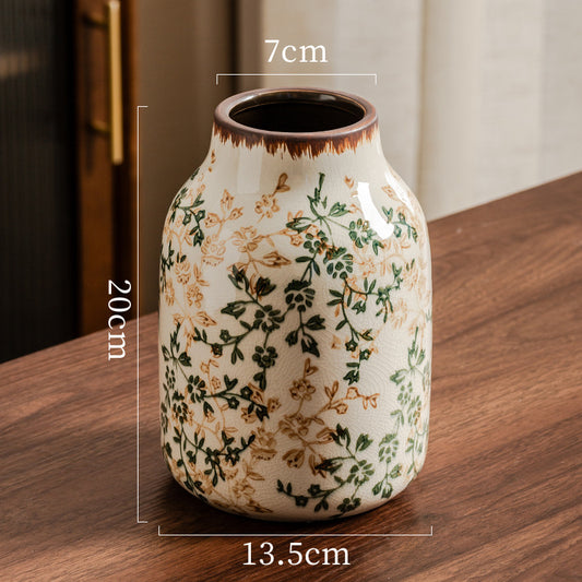 Retro Crackle Glazed Ceramic Flower Vase — Vintage Floral Pattern (20cm)
