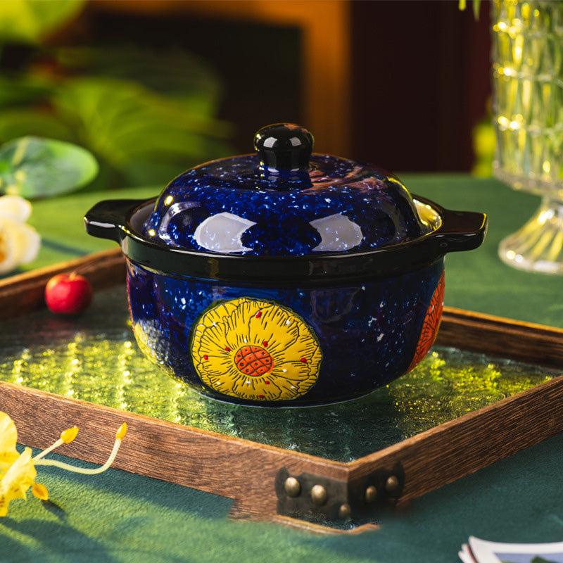 Embossed Floral Ceramic Lidded Bowl — Vibrant Blue Boho Dessert Cup & Stew Pot with Yellow Sunflower