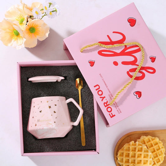 Luxury Geometric Pink Marble Ceramic Mug Gift Set — "Happiness Star" Coffee Cup with Lid & Golden Spoon (Premium Pink Gift Box)