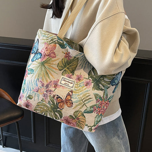 Nanxiao Vibrant Tapestry Floral Pattern Tote Bag (Khaki)