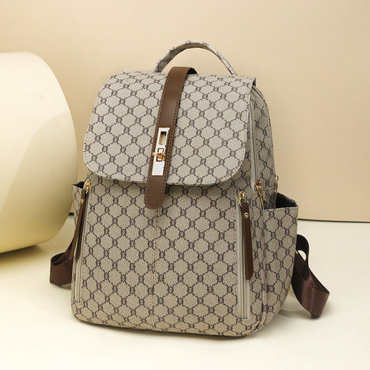 Anti-theft Geometric Pattern Leather Women's Backpack (Khaki)