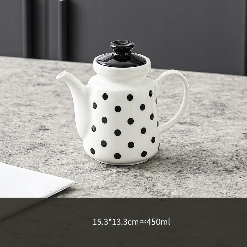 Minimalist Ceramic Teapot — Black Heart & Polka Dot Pattern with Glossy Black Lid (450ml)