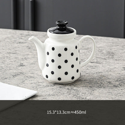 Minimalist Ceramic Teapot — Black Heart & Polka Dot Pattern with Glossy Black Lid (450ml)