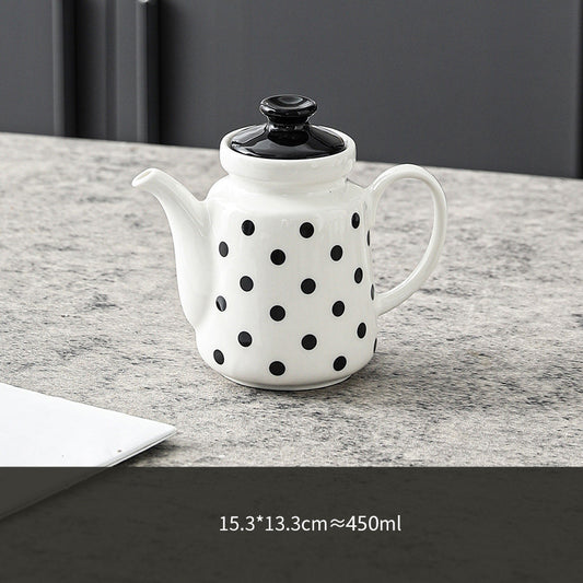 Minimalist Ceramic Teapot — Black Heart & Polka Dot Pattern with Glossy Black Lid (450ml)