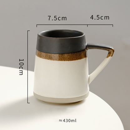 Retro Color-Blocked Ceramic Coffee Mug — Rustic Tri-Tone Stoneware Cup with Angled Handle (430ml)