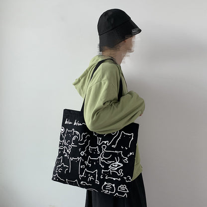 Black Canvas Cat Illustration Tote Bag