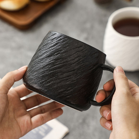Wabi-Sabi Matte Black Textured Ceramic Mug — Coarse Cast-Iron Style Stoneware Coffee Cup