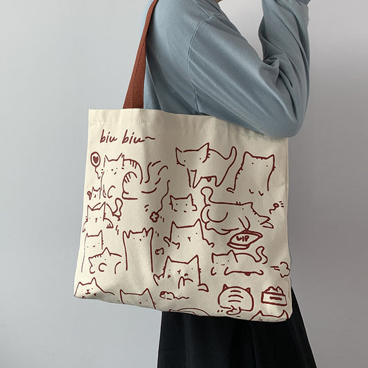 Beige Canvas Cat Illustration Tote Bag