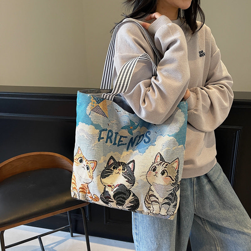 Vibrant Cat Embroidery Friends Tote Bag