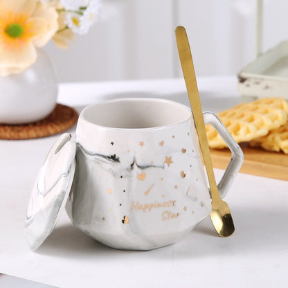 Luxury Geometric White Marble Ceramic Mug Gift Set — "Happiness Star" Coffee Cup with Lid & Golden Spoon (Premium Green Gift Box)