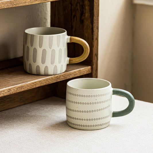 Handcrafted Rustic Ceramic Mug — Matte White with Grey Polka Dot Lines & Forest Green Handle (400ml)