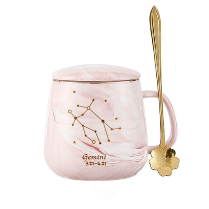 Luxury Pink Marble Ceramic Zodiac Mug Gift Set — Gemini Constellation Cup with Crown Lid and Golden Spoon