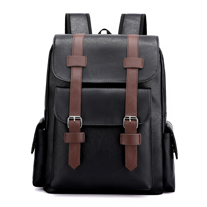 PU Leather Casual Brown Straps Backpack (Black)