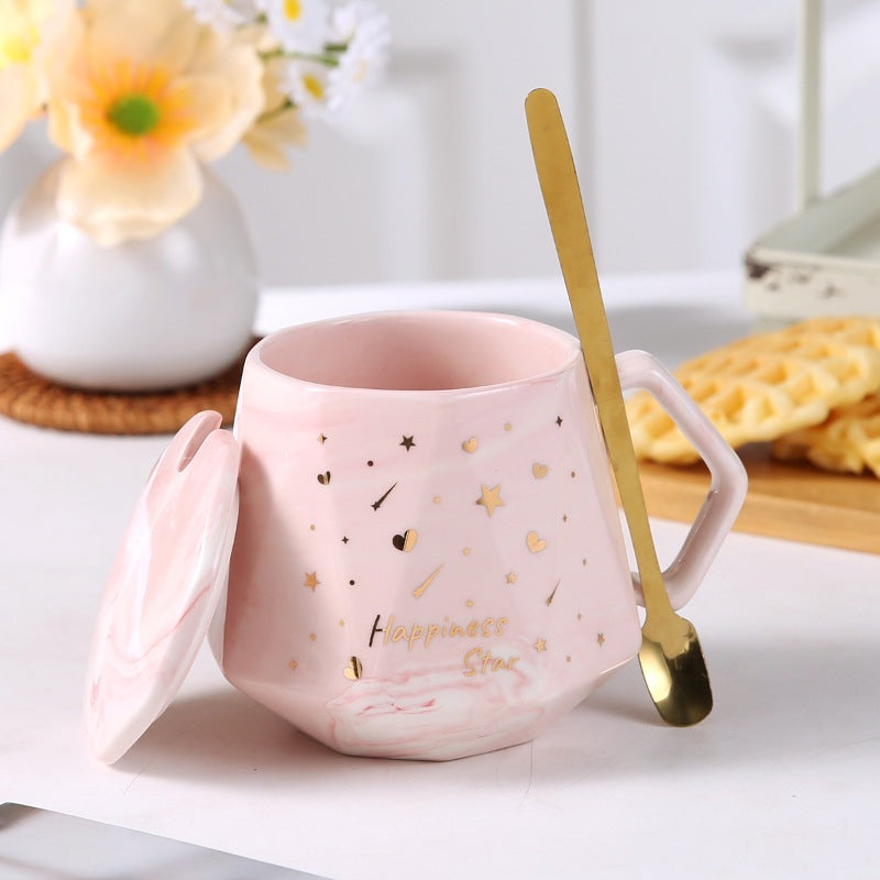 Luxury Geometric Pink Marble Ceramic Mug Gift Set — "Happiness Star" Coffee Cup with Lid & Golden Spoon (Premium Pink Gift Box)