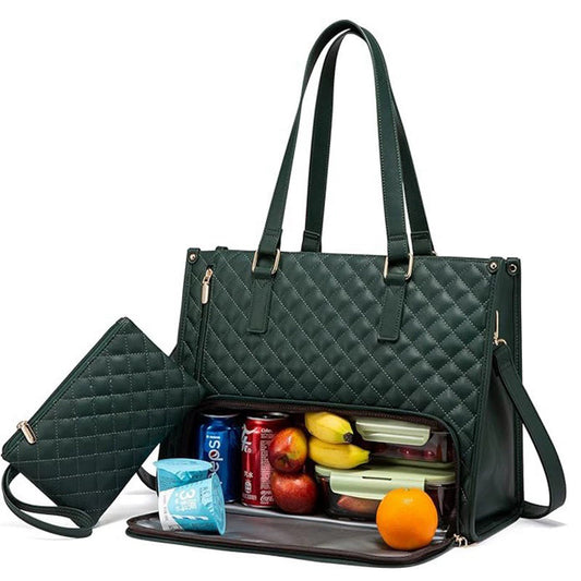Green Quilted 2-in-1 Lunch Tote Bag with Matching Pouch Set
