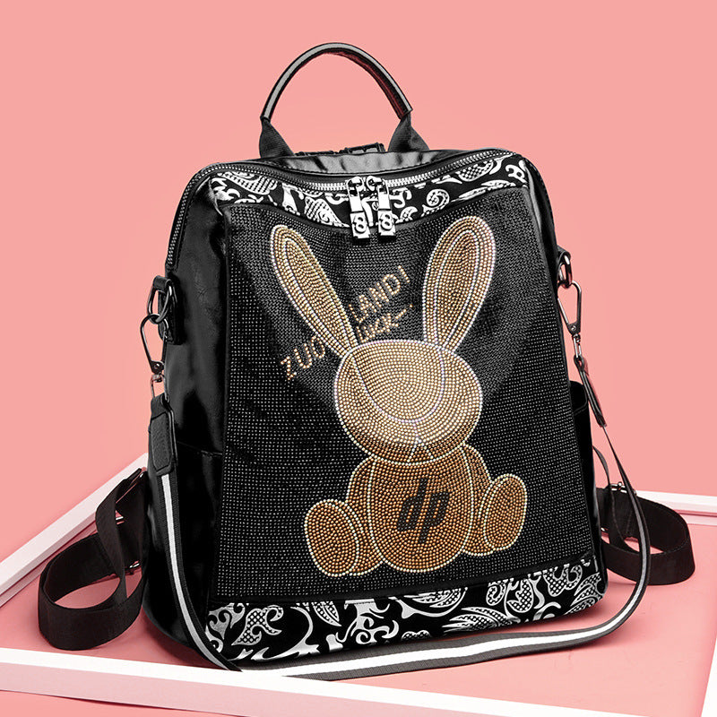 Fashionable Black Leather Rabbit Design Women's Backpack