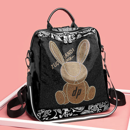 Fashionable Black Leather Rabbit Design Women's Backpack