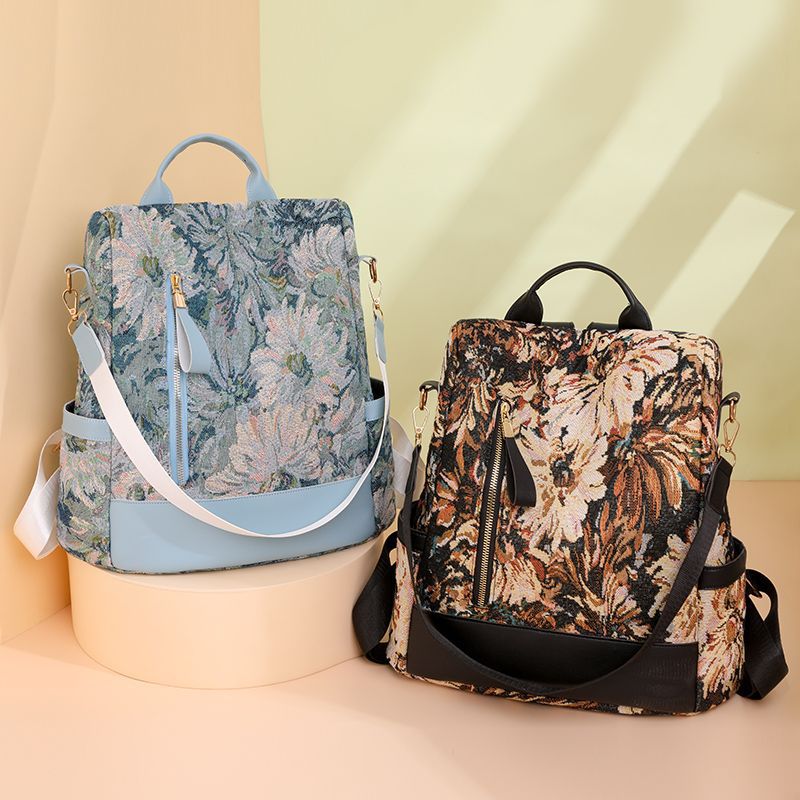 Pagezol Anti-Theft Vibrant Floral Women's Backpack (Brown)