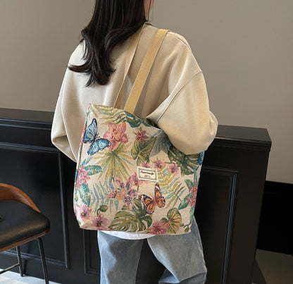 Nanxiao Vibrant Tapestry Floral Pattern Tote Bag (Khaki)