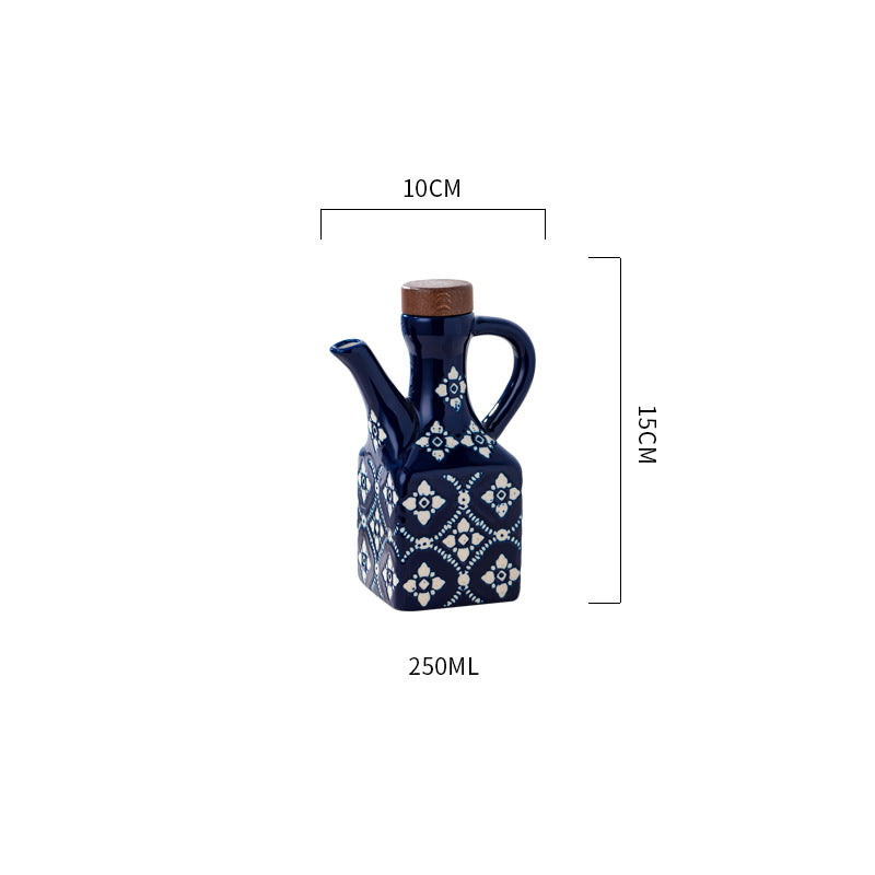 Vintage Blue & White Ceramic Oil Bottle — Bohemian Floral Cruet with Wooden Stopper (250ml)
