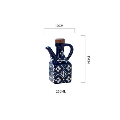 Vintage Blue & White Ceramic Oil Bottle — Bohemian Floral Cruet with Wooden Stopper (250ml)