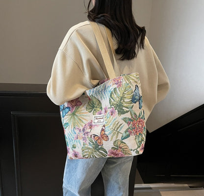 Nanxiao Vibrant Tapestry Floral Pattern Tote Bag (Khaki)