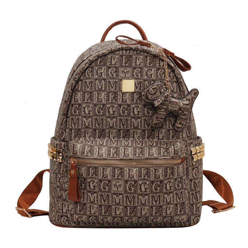 Luxury Vintage Monogram Print Leather Backpack (Khaki)