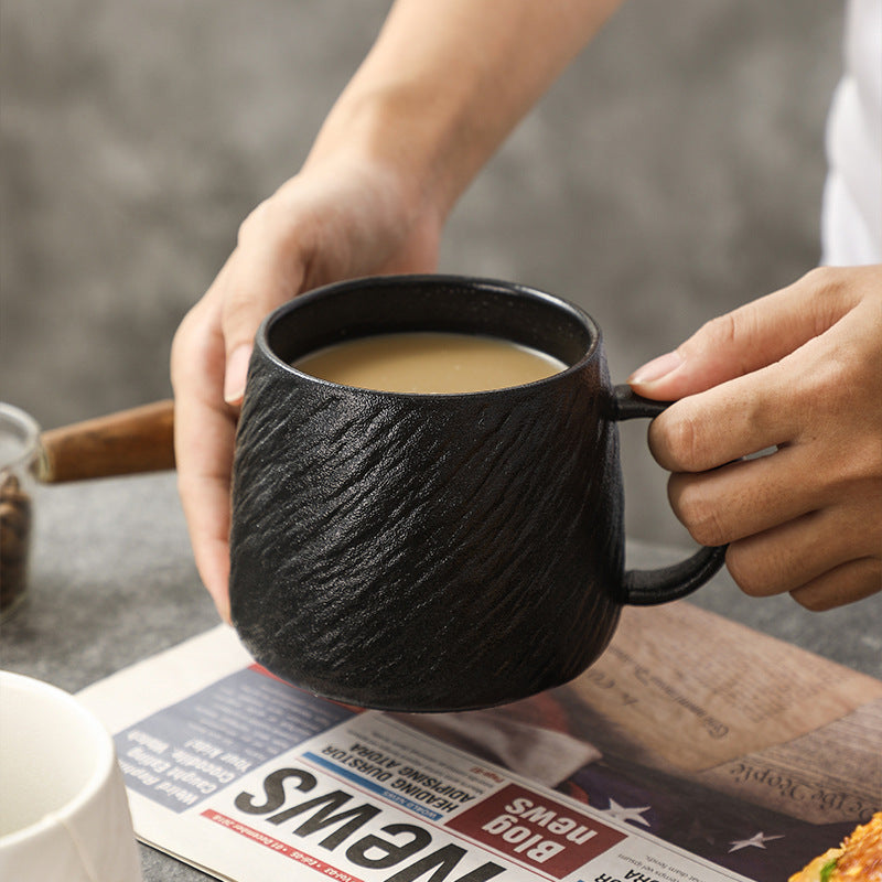 Wabi-Sabi Matte Black Textured Ceramic Mug — Coarse Cast-Iron Style Stoneware Coffee Cup