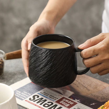 Wabi-Sabi Matte Black Textured Ceramic Mug — Coarse Cast-Iron Style Stoneware Coffee Cup