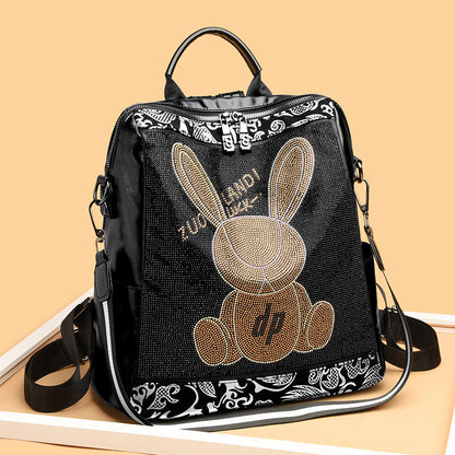 Fashionable Black Leather Rabbit Design Women's Backpack