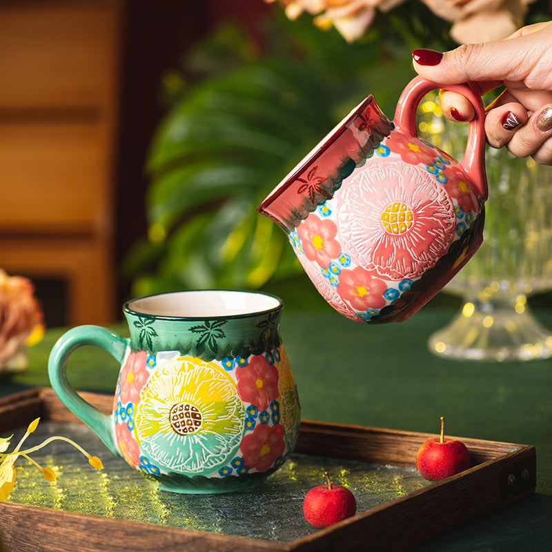 Embossed Floral Ceramic Mug — Vibrant Pink Boho Belly Cup with Textured Sunflower Pattern