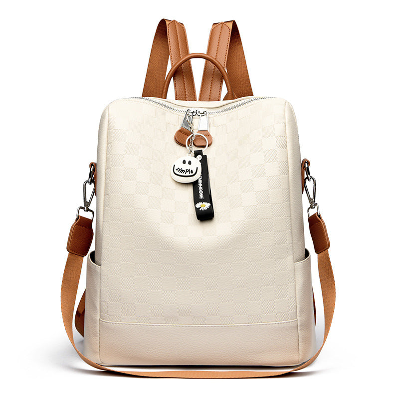 Checkerboard Patterned Leather Women's Backpack (White)